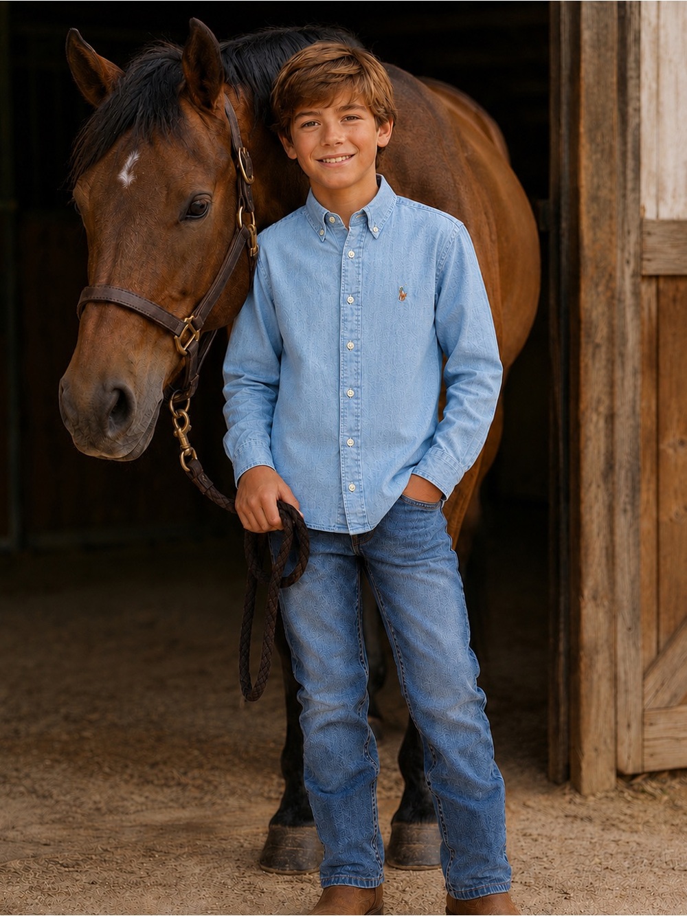 Polo Ralph Lauren Boys Chambray Denim Button Down Shirt M 10-12
